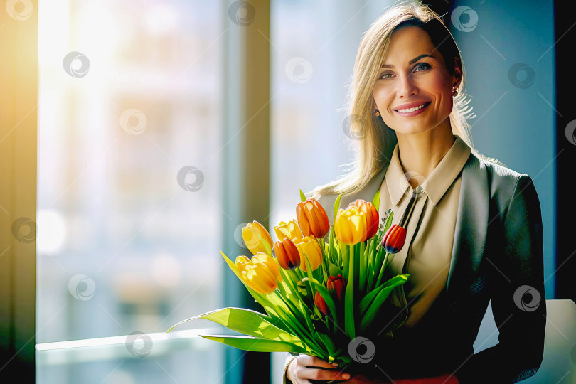 Скачать Взрослая женщина в деловой одежде держит букет тюльпанов и улыбается. Искусственный интеллект сгенерирован. фотосток Ozero