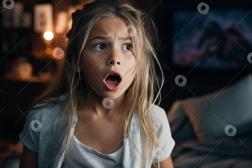 Скачать удивленная маленькая девочка выразительно рассказывает что-то в гостиной у себя дома фотосток Ozero