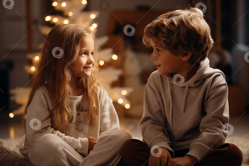 Скачать маленькие мальчик и девочка сидят на диване и общаются на праздничном рождественском фоне фотосток Ozero