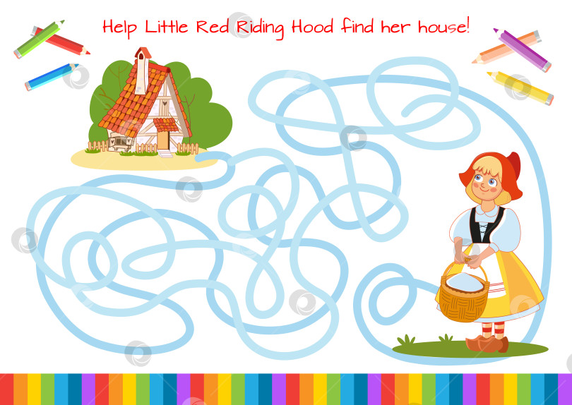 Скачать Помогите Красной Шапочке найти дом! Развивающая игра для детей. Мультяшная векторная иллюстрация. Лабиринт. фотосток Ozero