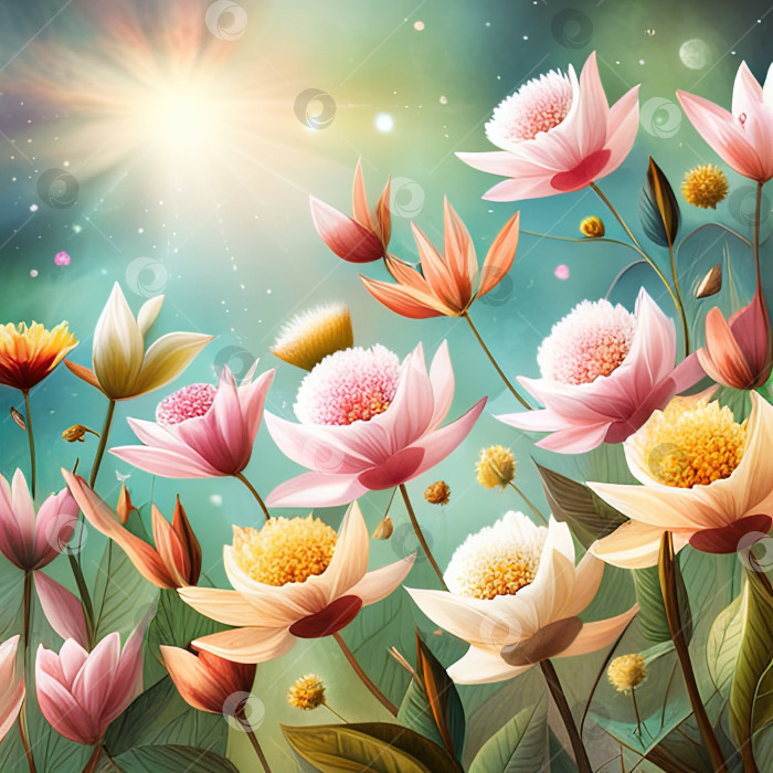 Скачать Иллюстрация цветочного луга весной. Генеративный искусственный интеллект фотосток Ozero