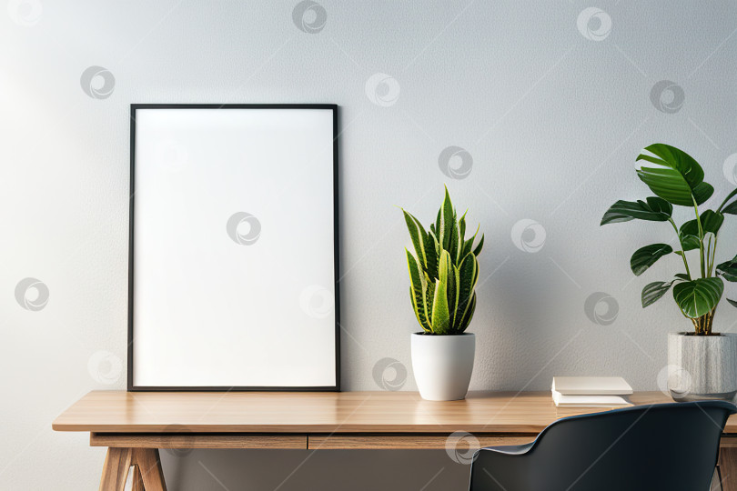 Скачать Макетная рамка крупным планом на фоне домашнего интерьера, цветы в горшках на столе фотосток Ozero