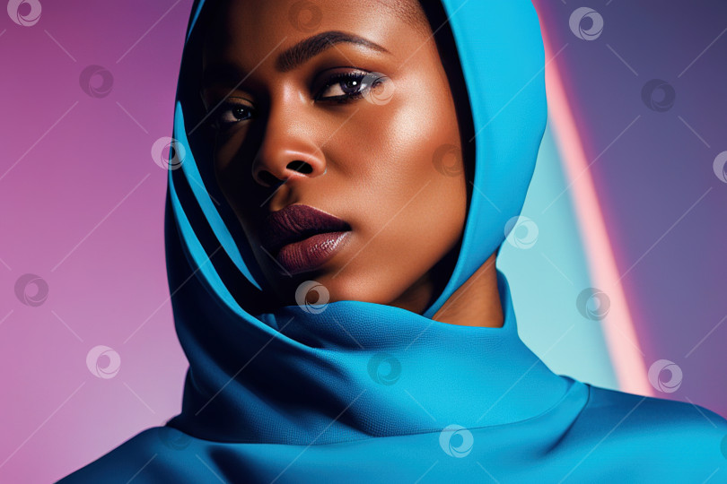 Скачать Иллюстрация портрет афроамериканки-фотомодели в синем футуристическом костюме фотосток Ozero