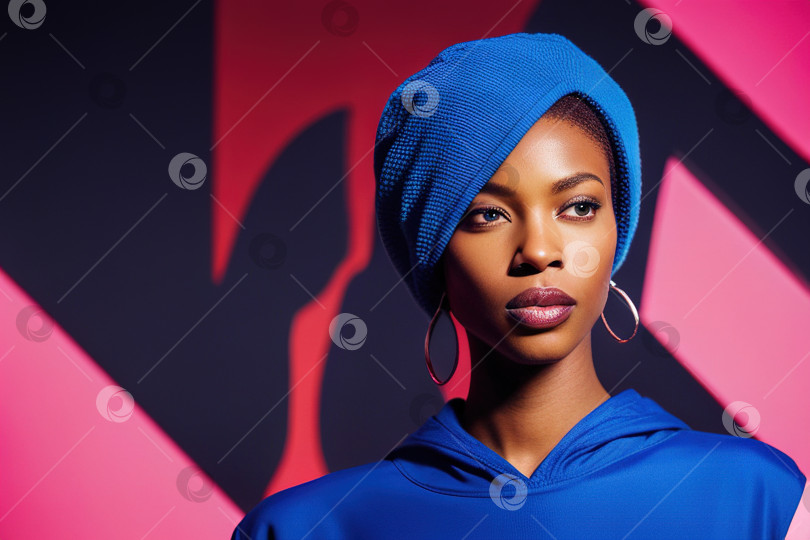 Скачать Молодая афроамериканка в синей одежде с капюшоном на фоне ярких цветных фотосток Ozero