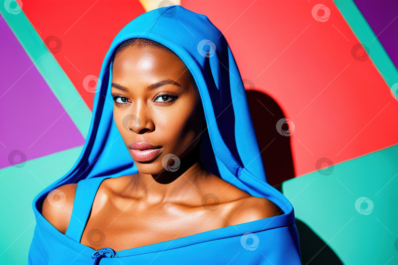Скачать Молодая афроамериканка в синей одежде с капюшоном на фоне ярких цветных фотосток Ozero