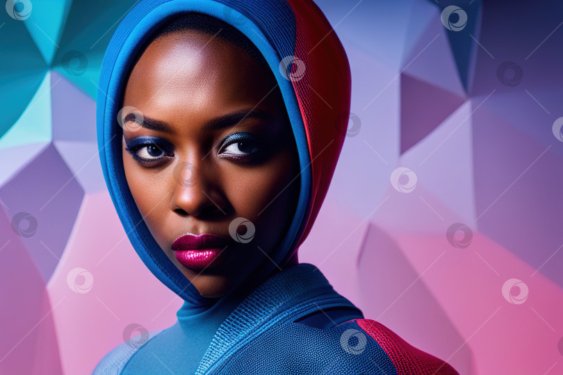 Скачать Портрет крупным планом молодой чернокожей женщины в одежде, головном уборе, лицо на красочном фотосток Ozero