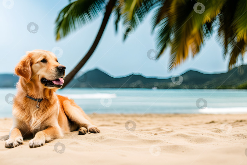 Скачать Собака золотистого ретривера находится на летних каникулах на морском курорте и отдыхает, расслабляясь фотосток Ozero
