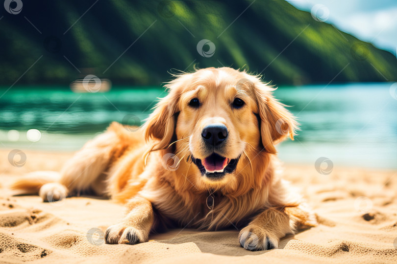 Скачать Собака лабрадор-ретривер лежит на лежаке на тропическом летнем пляже. фотосток Ozero