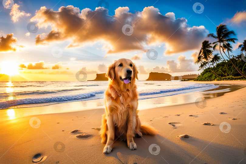 Скачать Собака лабрадор-ретривер лежит на лежаке на тропическом летнем пляже. фотосток Ozero