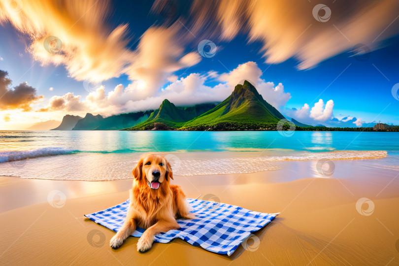 Скачать Концепция счастливого щенка золотистого ретривера на песчаном пляже для летних приключений. фотосток Ozero
