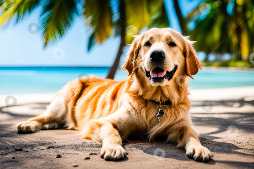 Скачать Собака золотистого ретривера находится на летних каникулах на морском курорте и отдыхает, расслабляясь фотосток Ozero