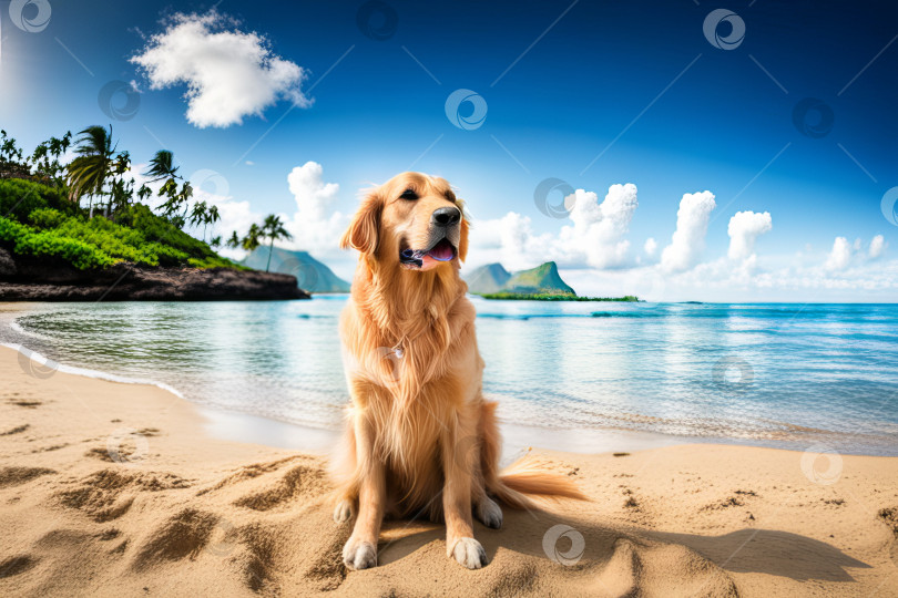Скачать Концепция счастливого щенка золотистого ретривера на песчаном пляже для летних приключений. фотосток Ozero