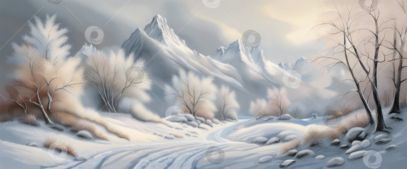 Скачать Баннер с зимним пейзажем со снежным лесом и речной иллюстрацией ai. фотосток Ozero