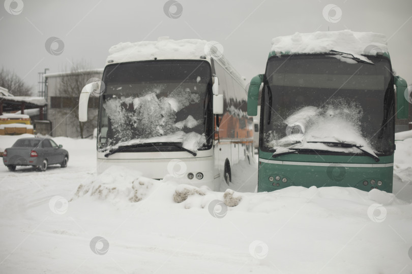 Скачать Автобусы в снегу на парковке. Общественный транспорт зимой. фотосток Ozero