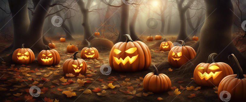 Скачать Тыква на Хэллоуин в темном осеннем лесу на фоне празднования Хэллоуина фотосток Ozero
