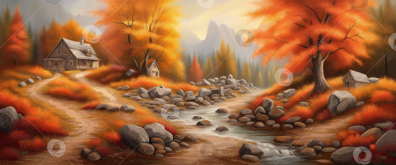 Скачать Внешний вид дома в осеннем лесу с горной рекой и камнями на фоне горы, окруженной красивым фотосток Ozero