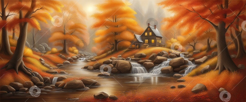 Скачать Осенний пейзаж дом в лесу с горной рекой среди апельсиновых деревьев на фоне холмов и гор фотосток Ozero