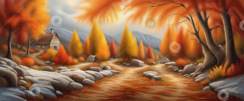 Скачать Внешний вид дома в осеннем лесу с горной рекой и камнями на фоне горы, окруженной красивым фотосток Ozero