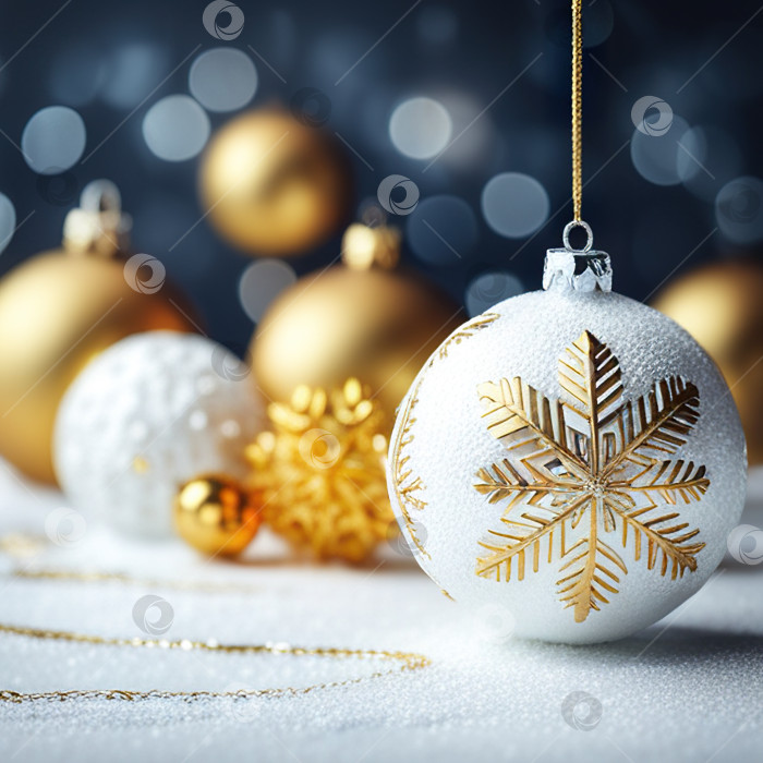 Скачать бело-золотой рождественский фон с еловыми веточками и шарами. Рождественские шары со снежинками и ветками на цветном фоне, созданные с помощью генеративного искусственного интеллекта фотосток Ozero