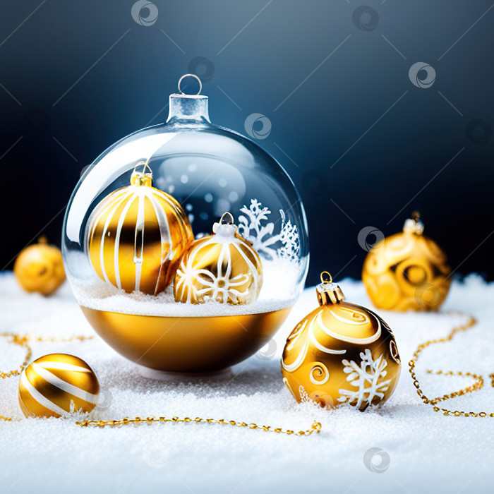 Скачать бело-золотой рождественский фон с еловыми веточками и шарами. Рождественские шары со снежинками и ветками на цветном фоне, созданные с помощью генеративного искусственного интеллекта фотосток Ozero