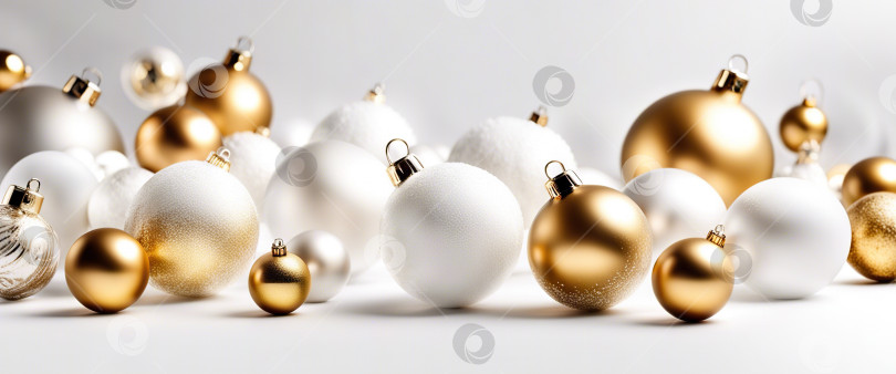 Скачать Золотые и белые рождественские шары на белом фоне. Праздничное рождественское украшение золотая безделушка и яркая снежинка. фотосток Ozero
