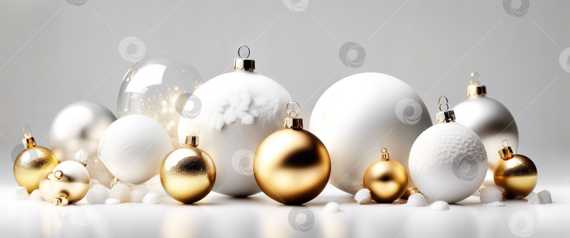 Скачать Золотые и белые рождественские шары на белом фоне. Праздничное рождественское украшение золотая безделушка и яркая снежинка. фотосток Ozero