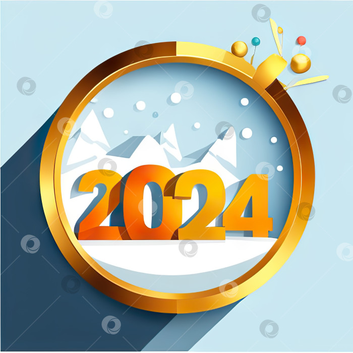 Скачать Ярко раскрашенный номер 2024, отражающий новый год, на фоне рождественского декора. Создано художественное произведение фотосток Ozero