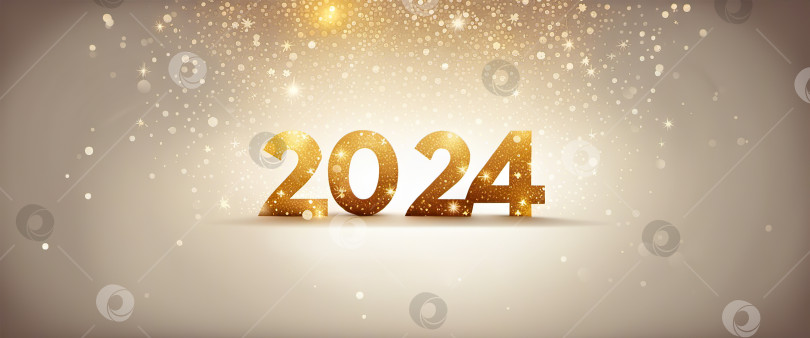 Скачать Баннер празднования Нового 2024 года золотой плакат с поздравлениями на светлом фоне. Генеративный искусственный интеллект фотосток Ozero