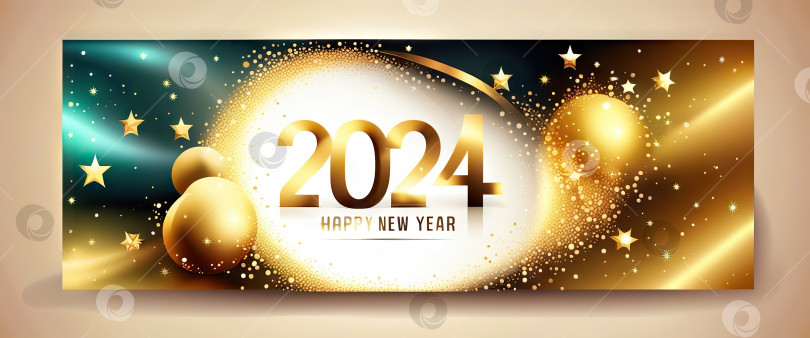 Скачать Золотой символ "Счастливого Нового 2024 года" на светлом фоне со сверкающими брызгами и салютом с иллюстрацией боке. фотосток Ozero