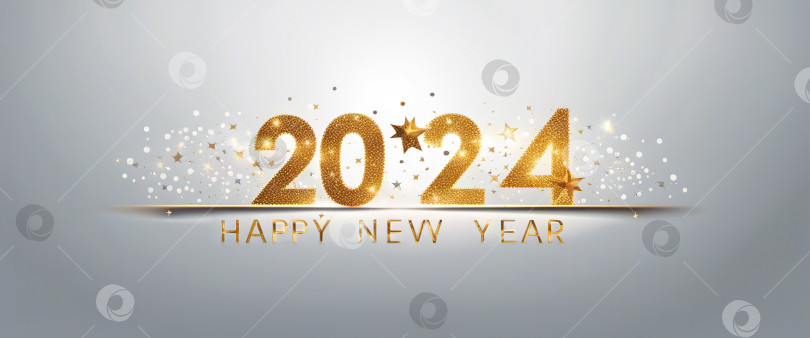 Скачать Баннер празднования Нового 2024 года золотой плакат с поздравлениями на светлом фоне. Генеративный искусственный интеллект фотосток Ozero