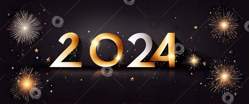 Скачать Поздравительный баннер с празднованием Нового 2024 года с золотыми искорками на темном фоне генеративного искусства искусственного интеллекта. фотосток Ozero