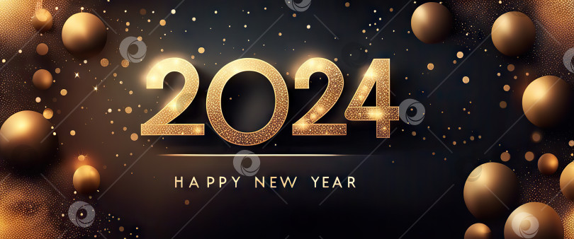 Скачать Баннер "С Новым 2024 годом" золотая поздравительная открытка на темном фоне с генеративным искусственным интеллектом. фотосток Ozero