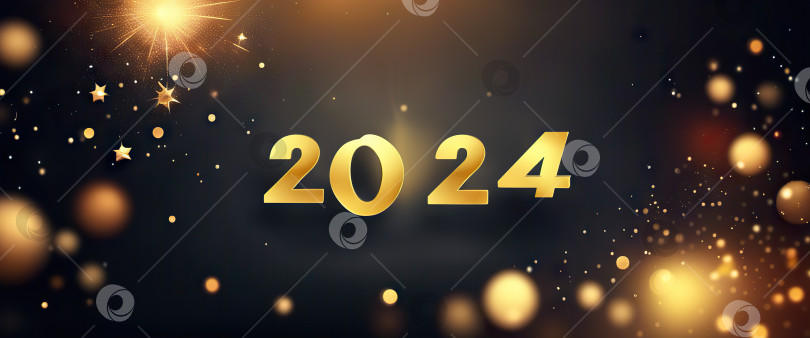 Скачать Баннер "С Новым 2024 годом" золотая поздравительная открытка на темном фоне с генеративным искусственным интеллектом. фотосток Ozero