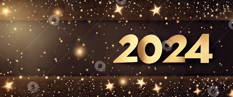 Скачать Поздравительный баннер с празднованием Нового 2024 года с золотыми искорками на темном фоне генеративного искусства искусственного интеллекта. фотосток Ozero