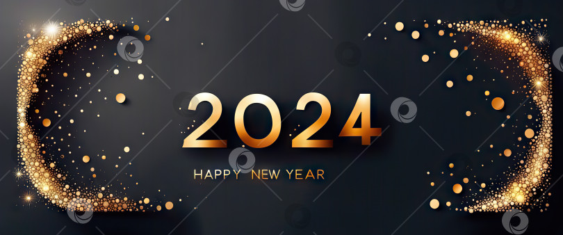 Скачать Баннер с абстрактным золотым фейерверком Нового года 2024 и золотыми градиентными цифрами на темном фоне. Иллюстрация Генеративная фотосток Ozero