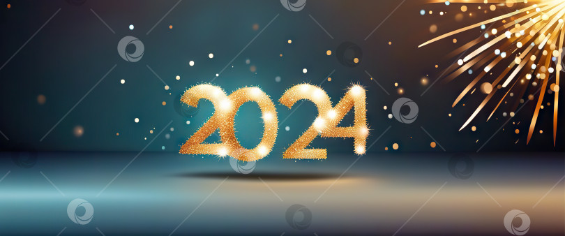 Скачать Баннер с абстрактным золотым фейерверком Нового года 2024 и золотыми градиентными цифрами на темном фоне. Иллюстрация Генеративная фотосток Ozero