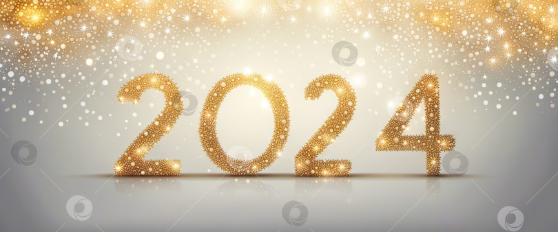 Скачать Золотой символ "Счастливого Нового 2024 года" на светлом фоне со сверкающими брызгами и салютом с иллюстрацией боке. фотосток Ozero