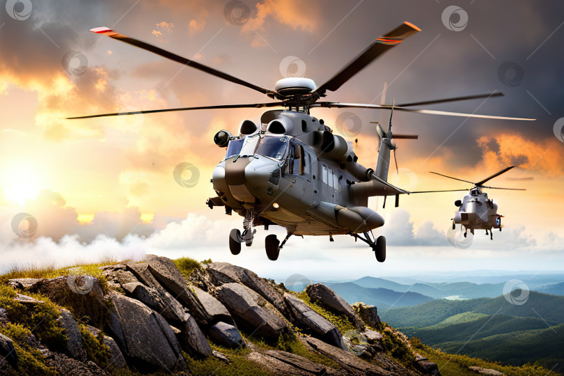 Скачать Военный вертолет, летящий в небе над морем во время военной операции Вертолет военно-морского флота, летящий в зоне боевых действий, сгенерированный искусственным интеллектом фотосток Ozero