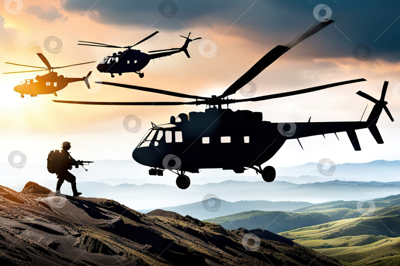 Скачать Солдат на горе перед вертолетом на фоне неба, концепция военных действий и обороны. Генеративный искусственный интеллект фотосток Ozero