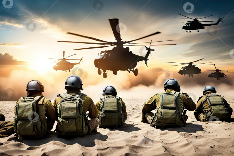 Скачать Солдат на горе перед вертолетом на фоне неба, концепция военных действий и обороны. Генеративный искусственный интеллект фотосток Ozero