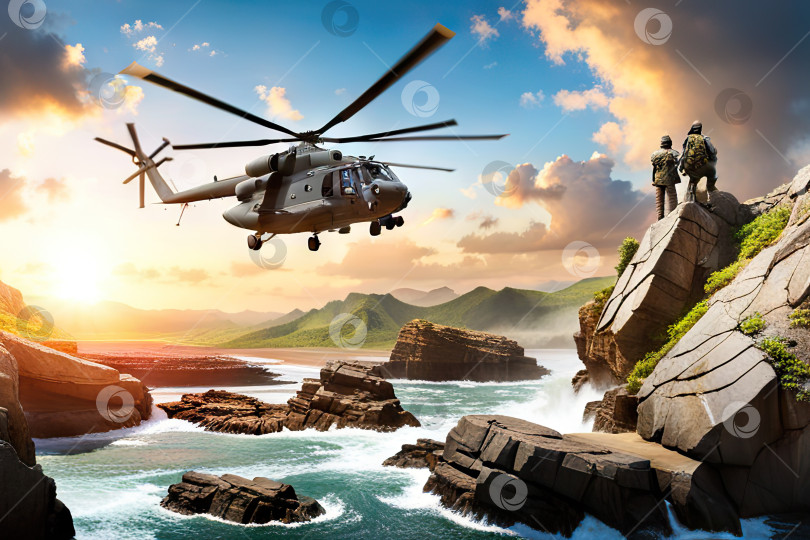 Скачать Военный вертолет, летящий в небе над морем во время военной операции Вертолет военно-морского флота, летящий в зоне боевых действий, сгенерированный искусственным интеллектом фотосток Ozero