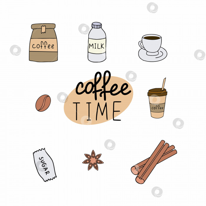 Скачать Большой кофейный сервиз в стиле Doodle. Надпись coffee time сделана от руки. фотосток Ozero