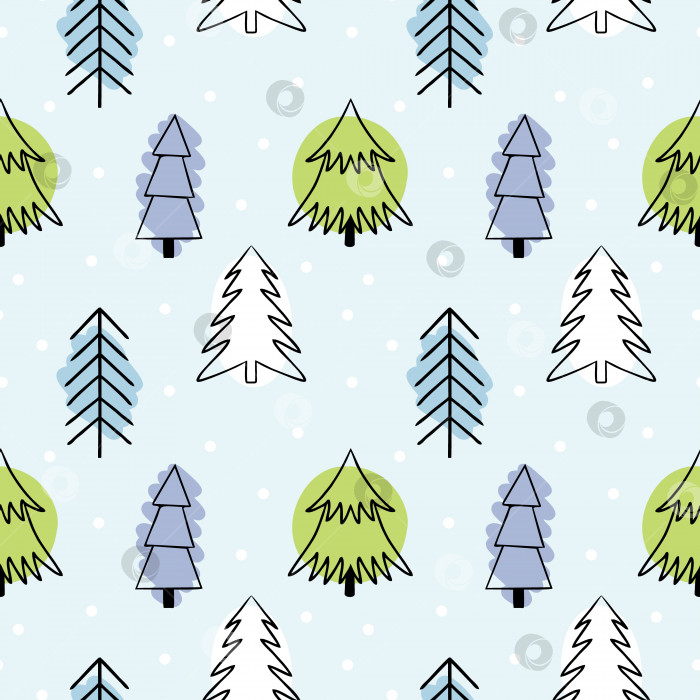 Скачать Бесшовный узор для Нового года и Рождества. Рождественские елки, нарисованные от руки в стиле каракули. Принт на ткани, бесконечный фон для оберточной бумаги. Дизайн поздравительной открытки фотосток Ozero