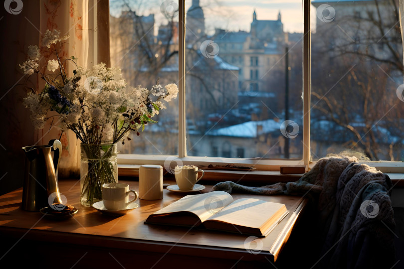 Скачать Идея уюта, хюгге, домашнего уюта. Зимний город за окном. Кофе, плед и книга на столе фотосток Ozero