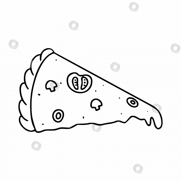 Скачать Кусочек пиццы с помидорами, грибами и сыром. Пицца в стиле дудл. Контурная иллюстрация в стиле ручного рисования фотосток Ozero