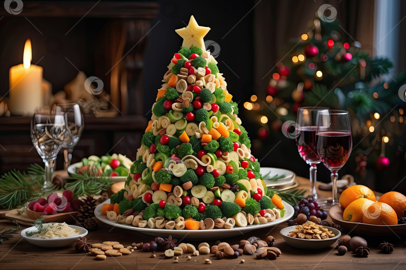Скачать Закуска в виде рождественской елки из красной рыбы, канапе, роллы, мини-салат в тарталетках на праздничный новогодний стол. Меню ресторана, рецепт и презентация. Рождественский декор и сервировка стола. Сгенерирован ИИ фотосток Ozero