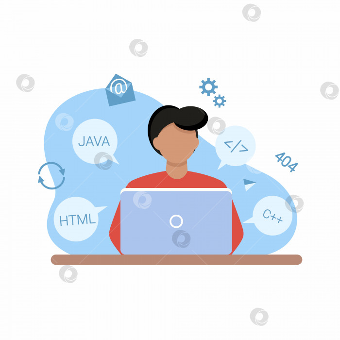 Скачать Международный день веб-мастеров. Программист сидит за компьютером. Векторная иллюстрация на тему дизайна, программирования, фриланса. фотосток Ozero