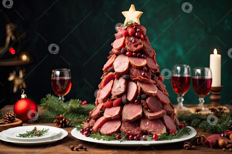 Скачать Рождественская елка, сделанная из мясных стейков и нарезанная на праздничный новогодний стол. Белковая пища, мясная диета. Искусственный интеллект сгенерировал фотосток Ozero