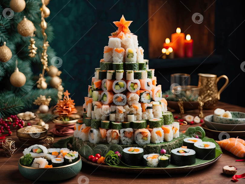 Скачать закуска в виде рождественской елки из роллов, суши, красной рыбы, блюд традиционной японской кухни на праздничный новогодний стол. Меню, рецепт и красивая подача. Рождественский декор и сервировка стола. Сгенерирован ИИ фотосток Ozero