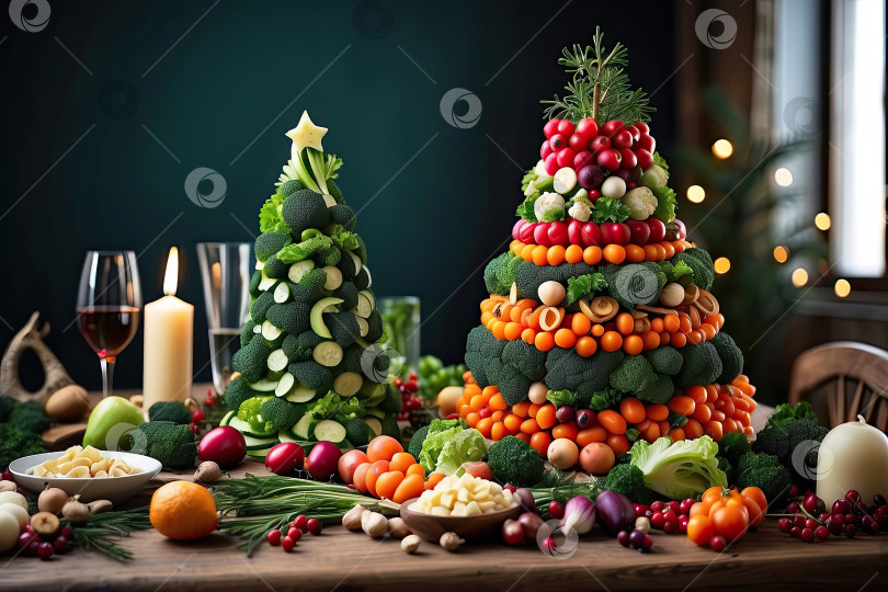 Скачать Рождественская елка из натуральных полезных овощей на праздничном новогоднем столе. Правильное питание, здравоохранение, вегетарианство и веганство, сгенерированное искусственным интеллектом фотосток Ozero